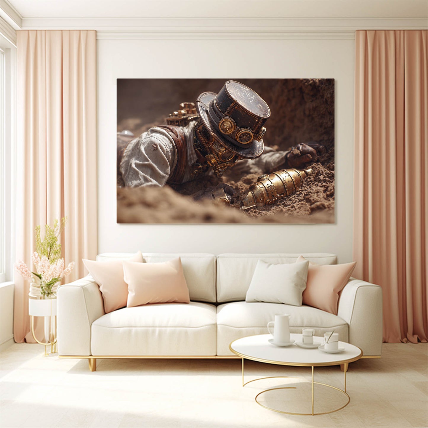 Desert Steam Explorer Steampunk Wall Art – styled in a furnished interior