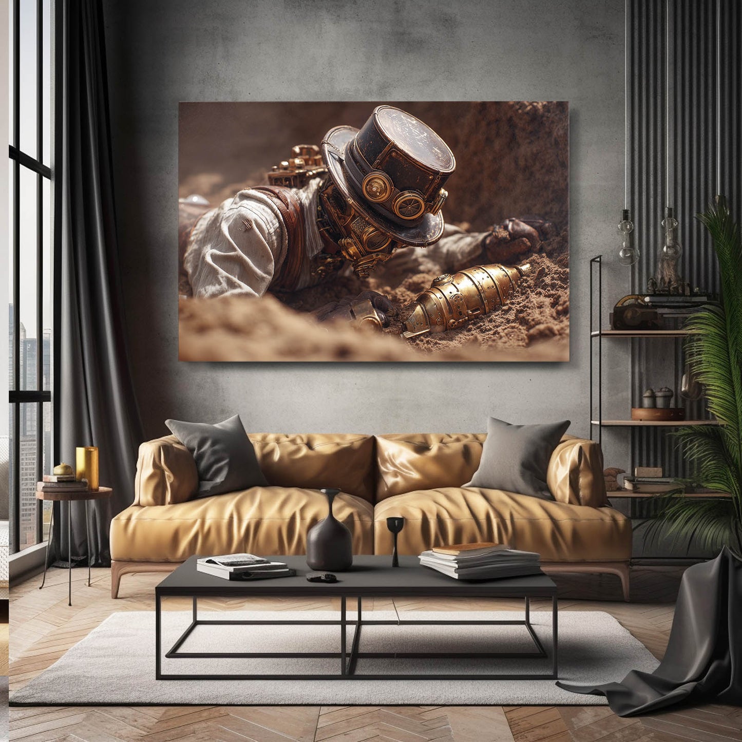 Desert Steam Explorer Steampunk Wall Art – styled in a furnished interior
