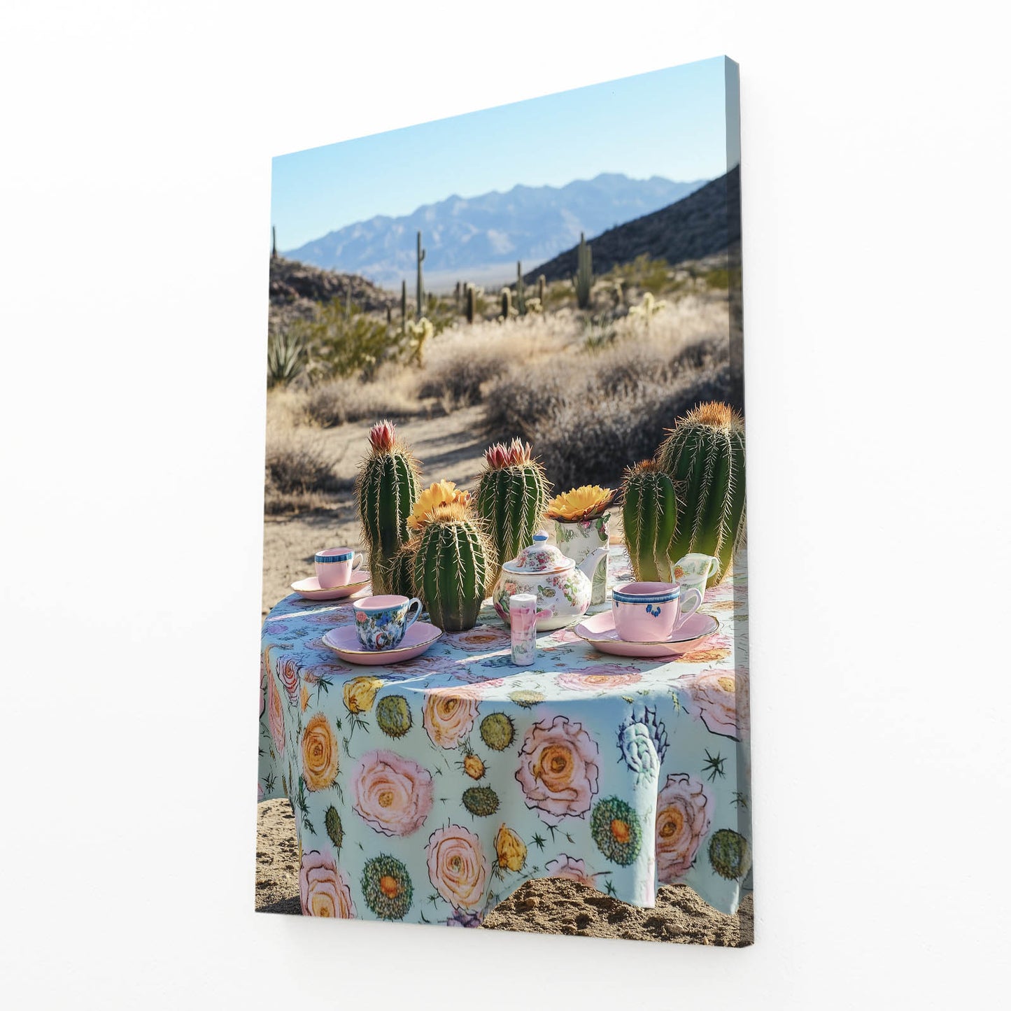 Desert Tea Table Cactus Prints – angled canvas view on white background
