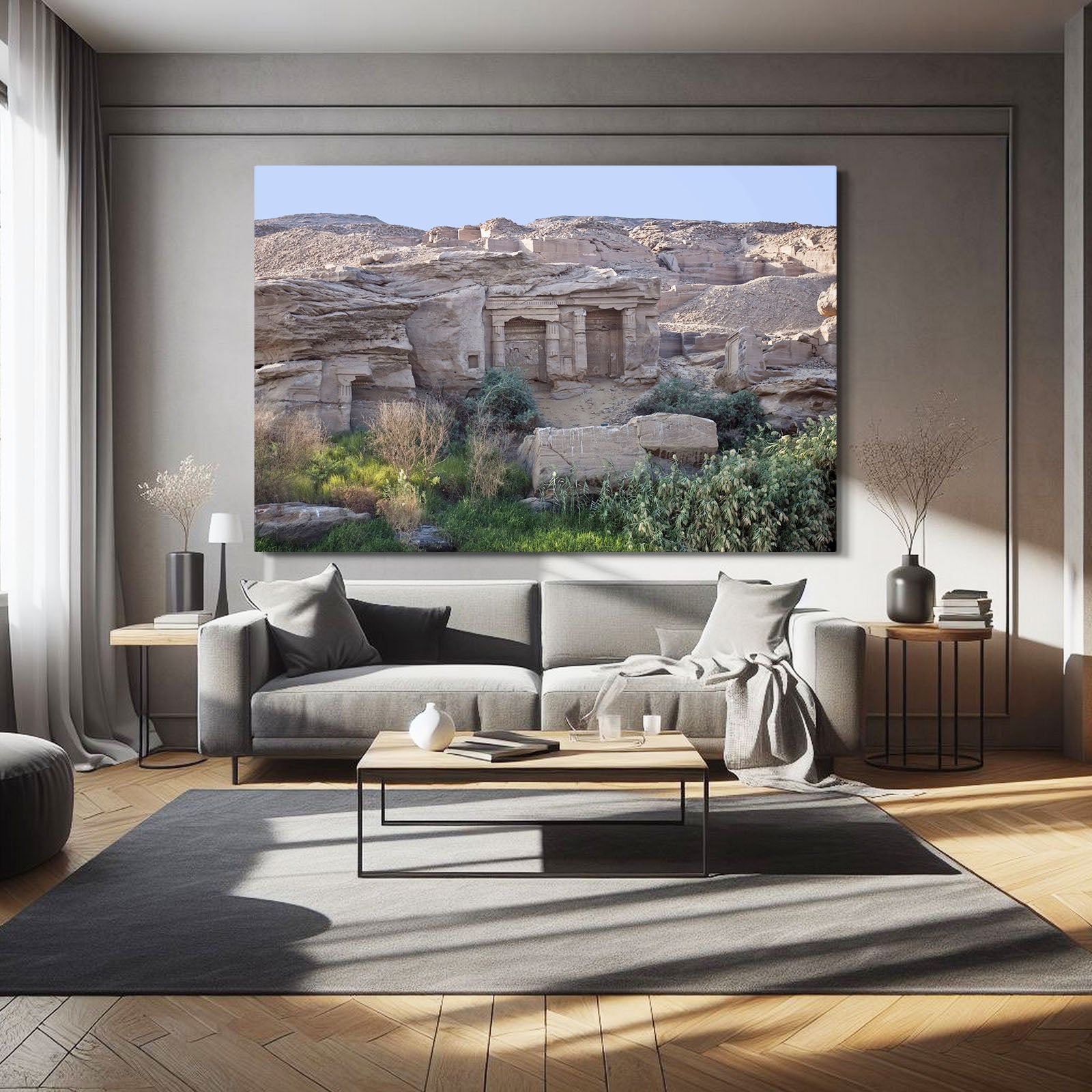 Desert Temple Ruins Egyptian Wall Art – styled in a furnished interior