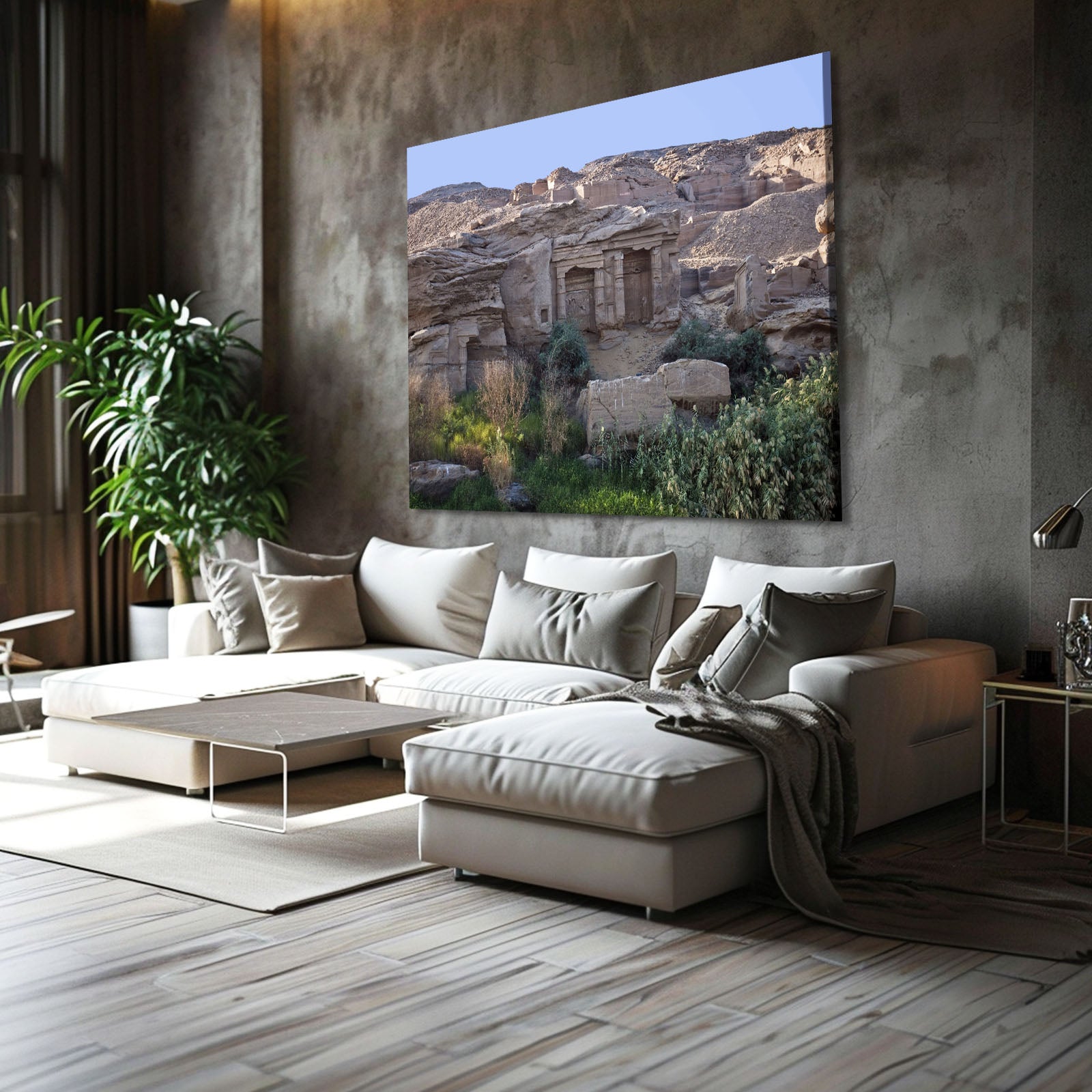 Desert Temple Ruins Egyptian Wall Art – styled in a furnished interior
