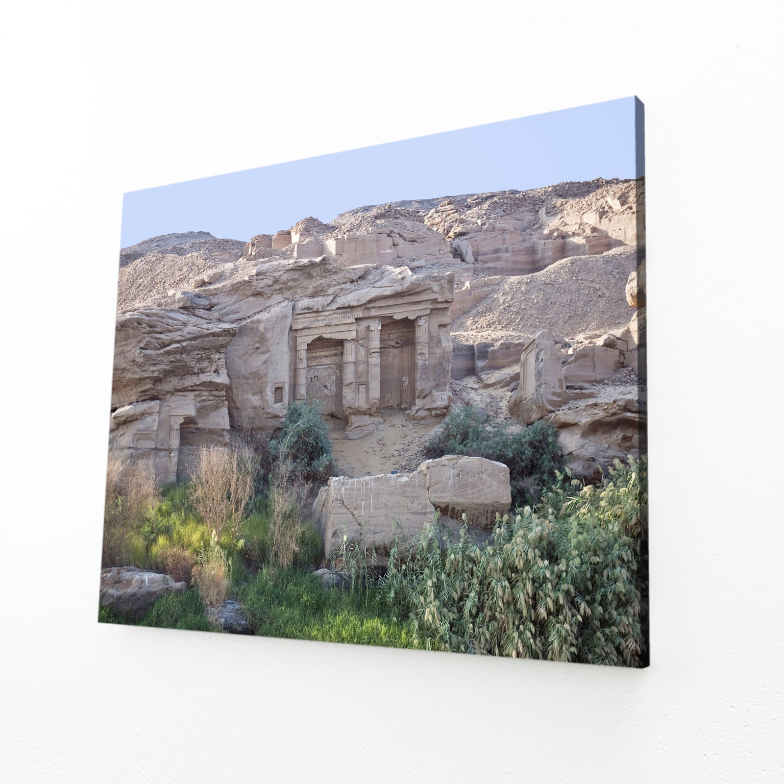 Desert Temple Ruins Egyptian Wall Art – angled canvas view on white background