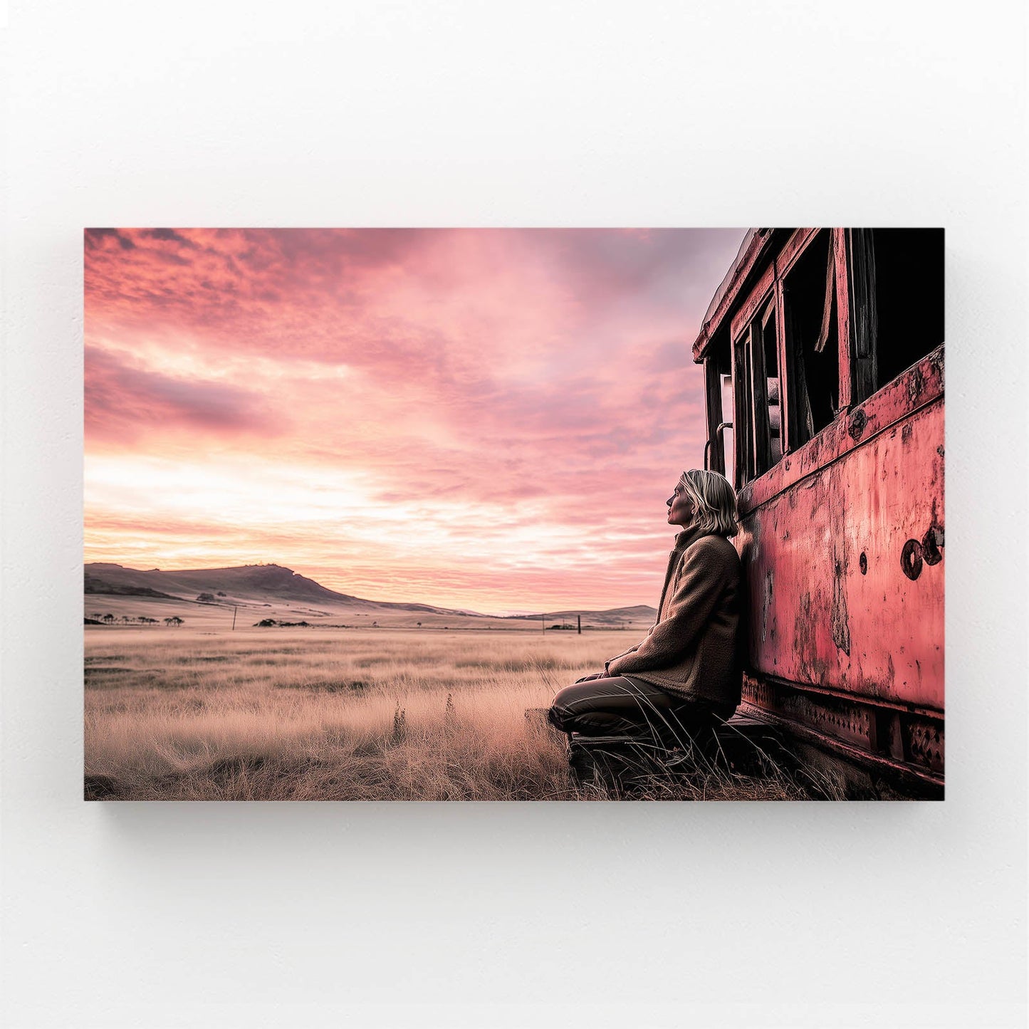 Desert Train Sunset Wall Art Photography – figure leaning from a rusted train car under a rose sunset