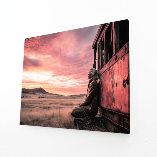 Desert Train Sunset Wall Art Photography – angled canvas view on white background