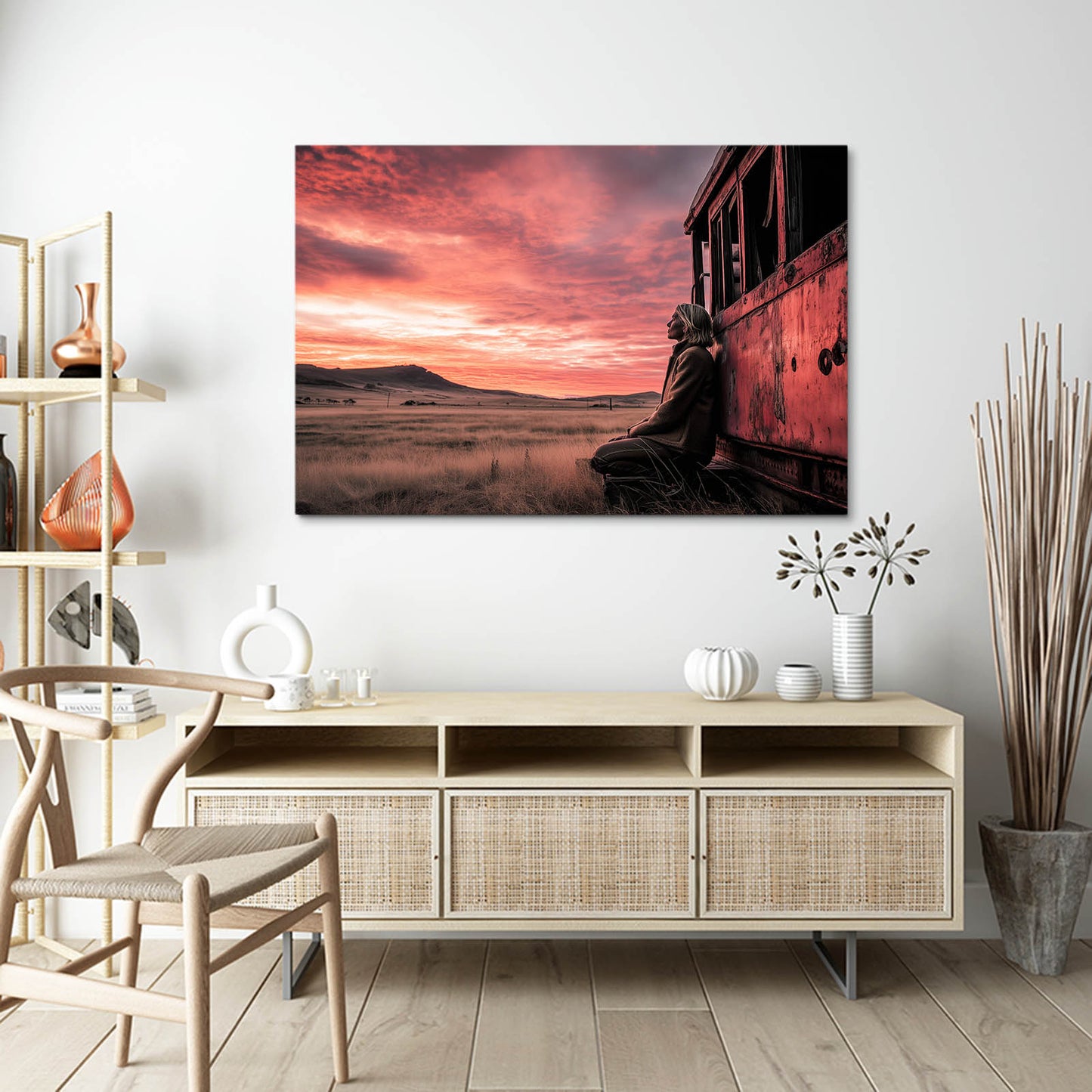 Desert Train Sunset Wall Art Photography – above a light wood console