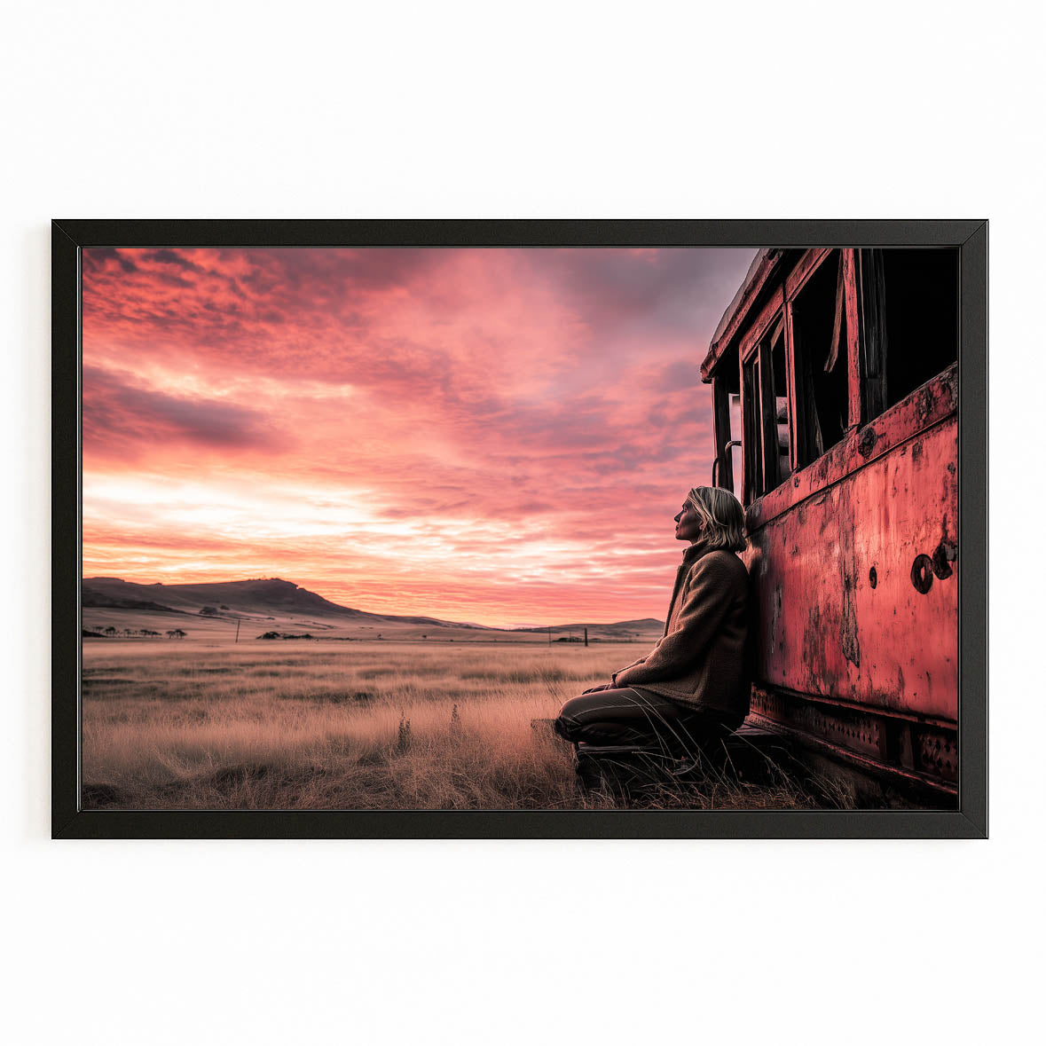 Desert Train Sunset Wall Art Photography — photography canvas print, with Premium Black frame on white background