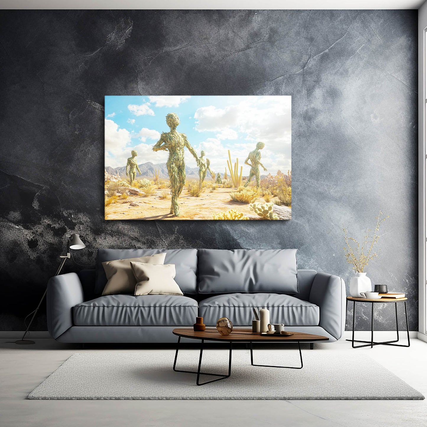 Desert Wanderers Cactus Canvas Art – styled in a furnished interior