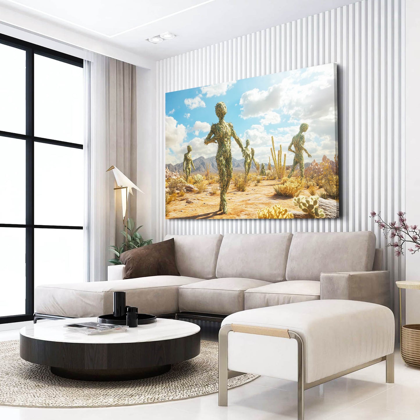 Desert Wanderers Cactus Canvas Art – styled in a furnished interior