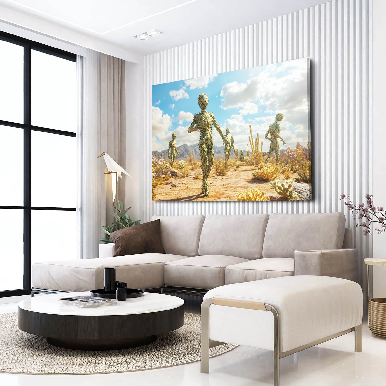 Desert Wanderers Cactus Canvas Art – styled in a furnished interior