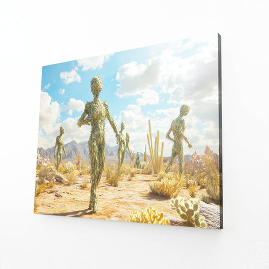 Desert Wanderers Cactus Canvas Art — surrealism canvas print, angled canvas view on white background