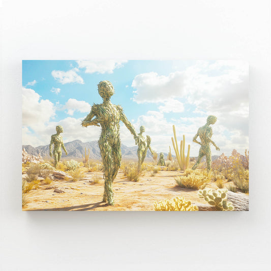 Desert Wanderers Cactus Canvas Art — surrealism canvas print, angled canvas view on white background