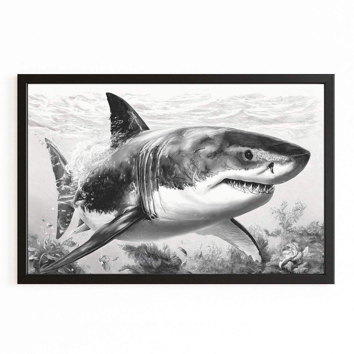 Detailed Pencil Study Shark Prints – with Premium Black frame on white background