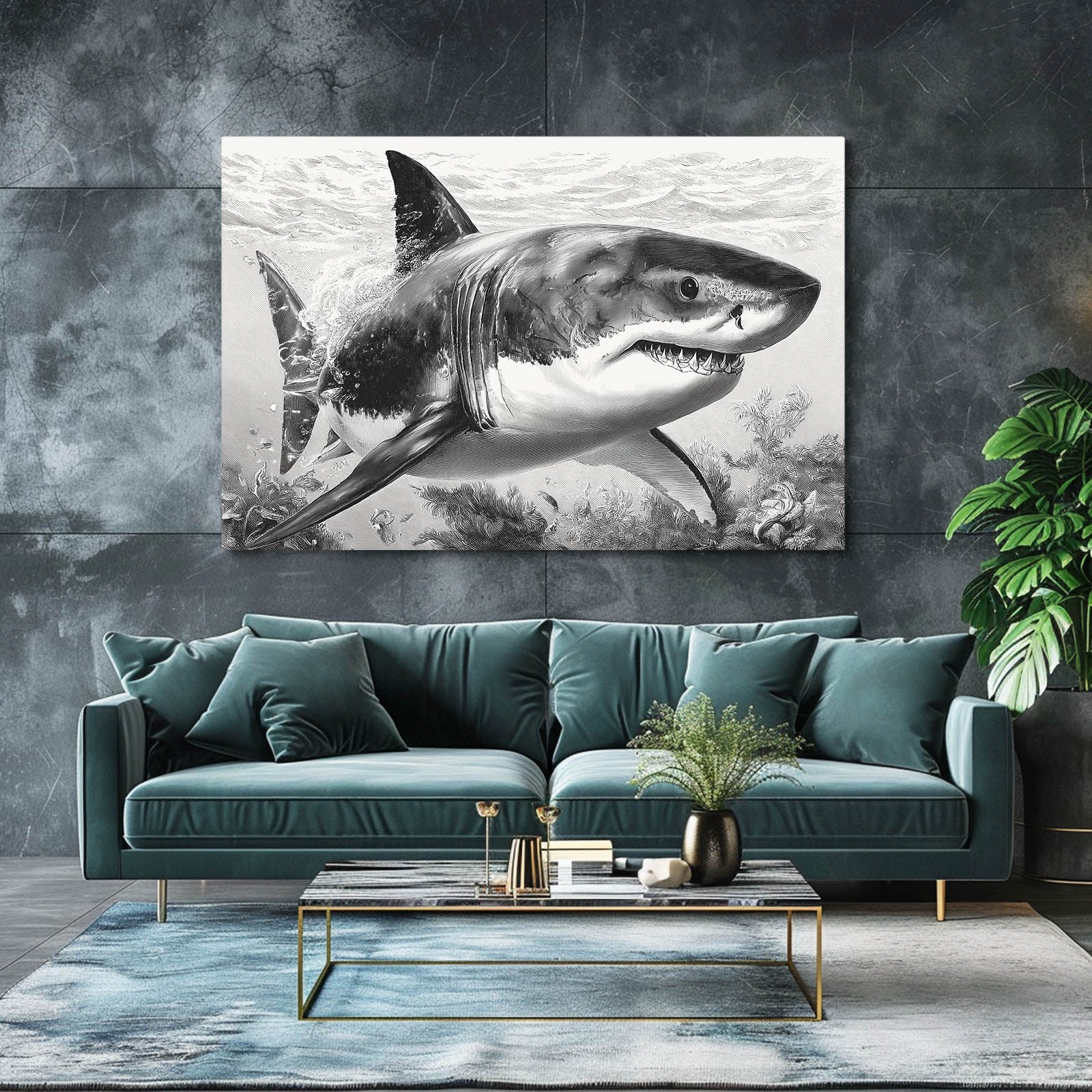 Detailed Pencil Study Shark Prints – styled in a furnished interior