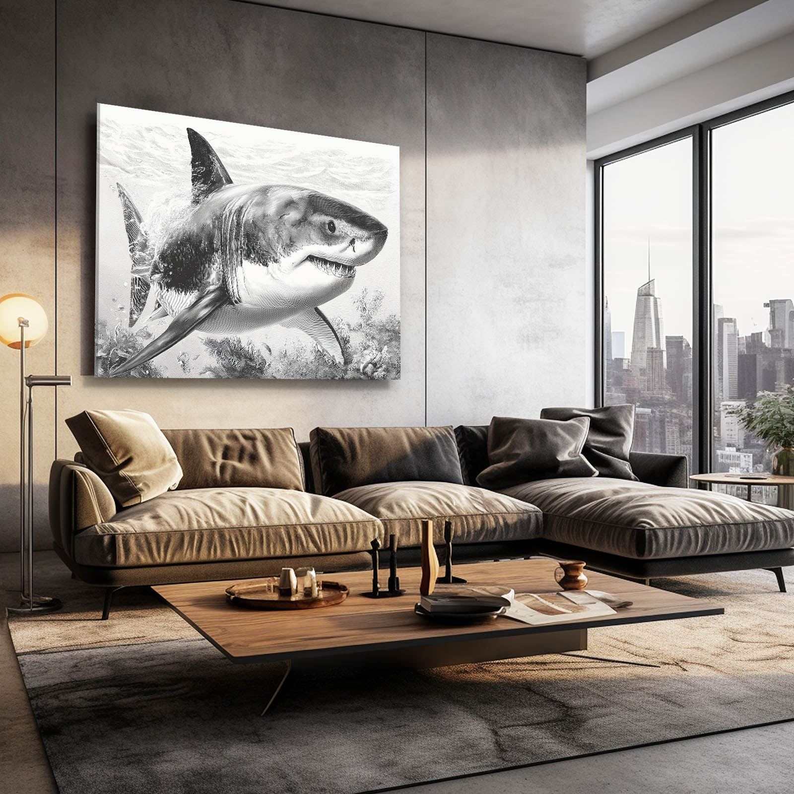 Detailed Pencil Study Shark Prints – styled in a furnished interior