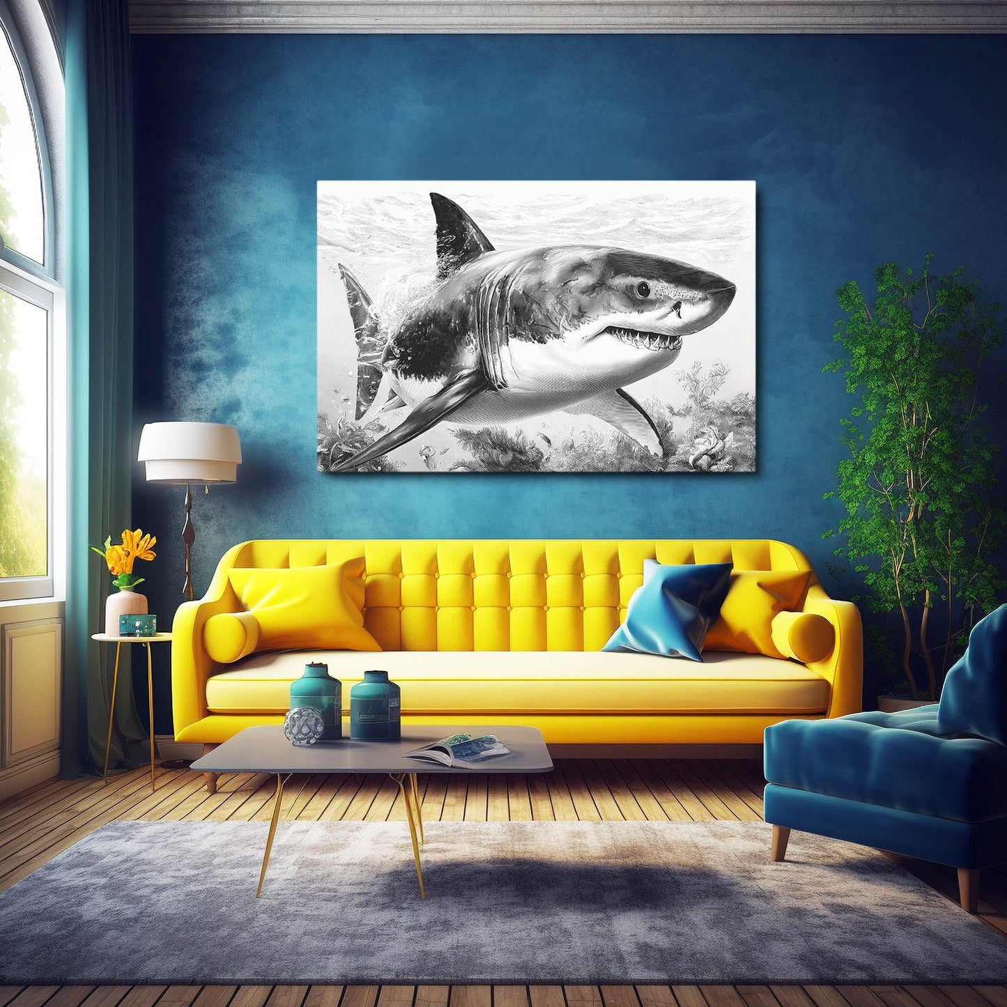 Detailed Pencil Study Shark Prints – styled in a furnished interior