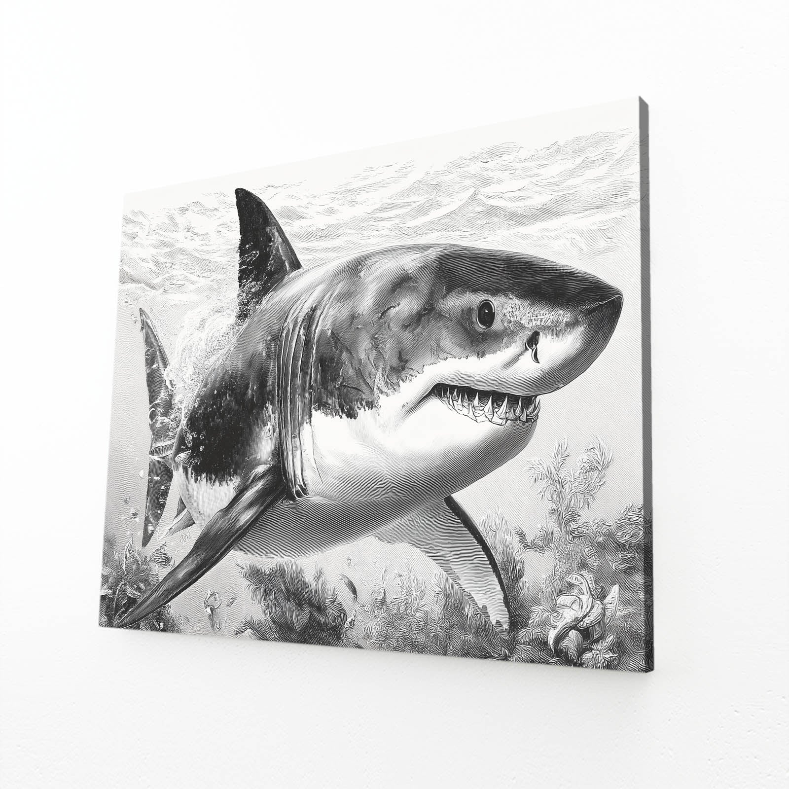 Detailed Pencil Study Shark Prints – angled canvas view on white background