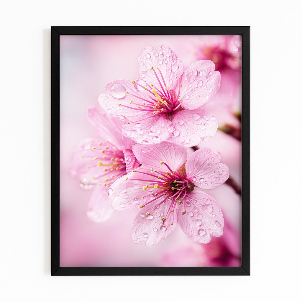 Dew Kissed Petals Cherry Blossom Wall Art – with Premium Black frame on white background