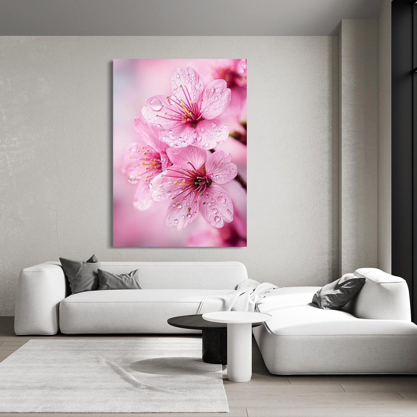Dew Kissed Petals Cherry Blossom Wall Art – styled in a furnished interior