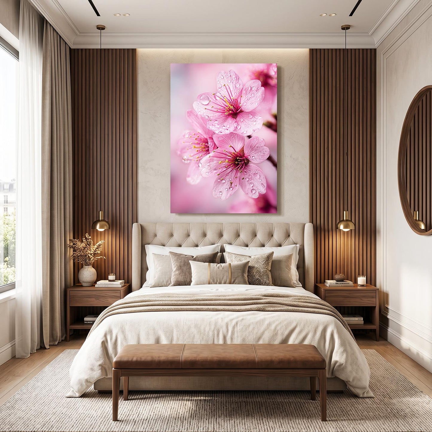 Dew Kissed Petals Cherry Blossom Wall Art – styled in a furnished interior