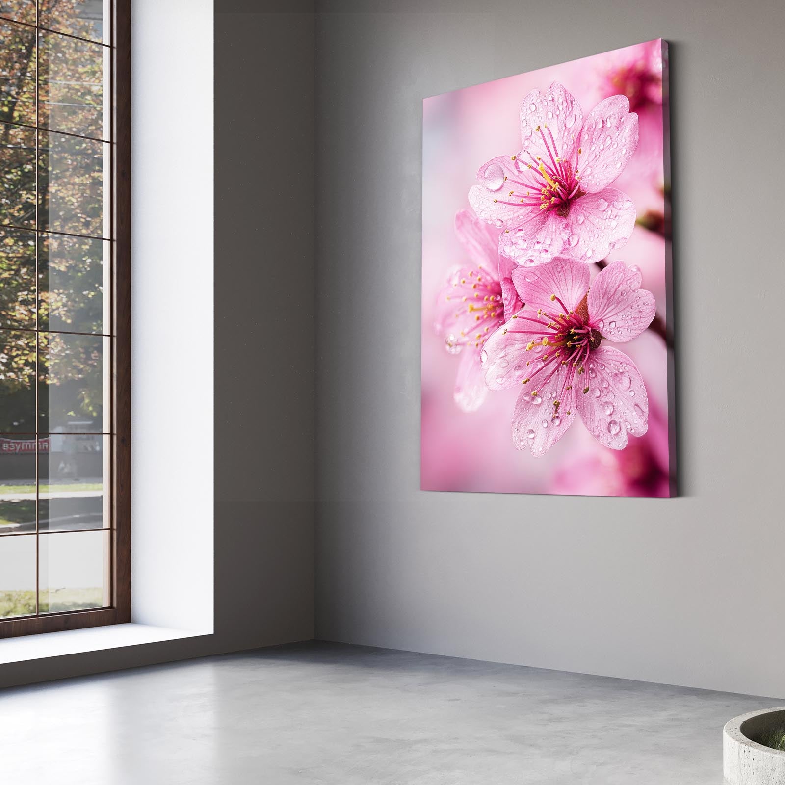 Dew Kissed Petals Cherry Blossom Wall Art – styled in a furnished interior