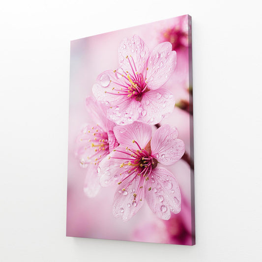 Dew Kissed Petals Cherry Blossom Wall Art – angled canvas view on white background