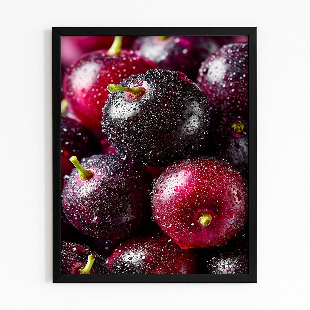 Dewy Dark Cherries Fruit Wall Decor – with Premium Black frame on white background
