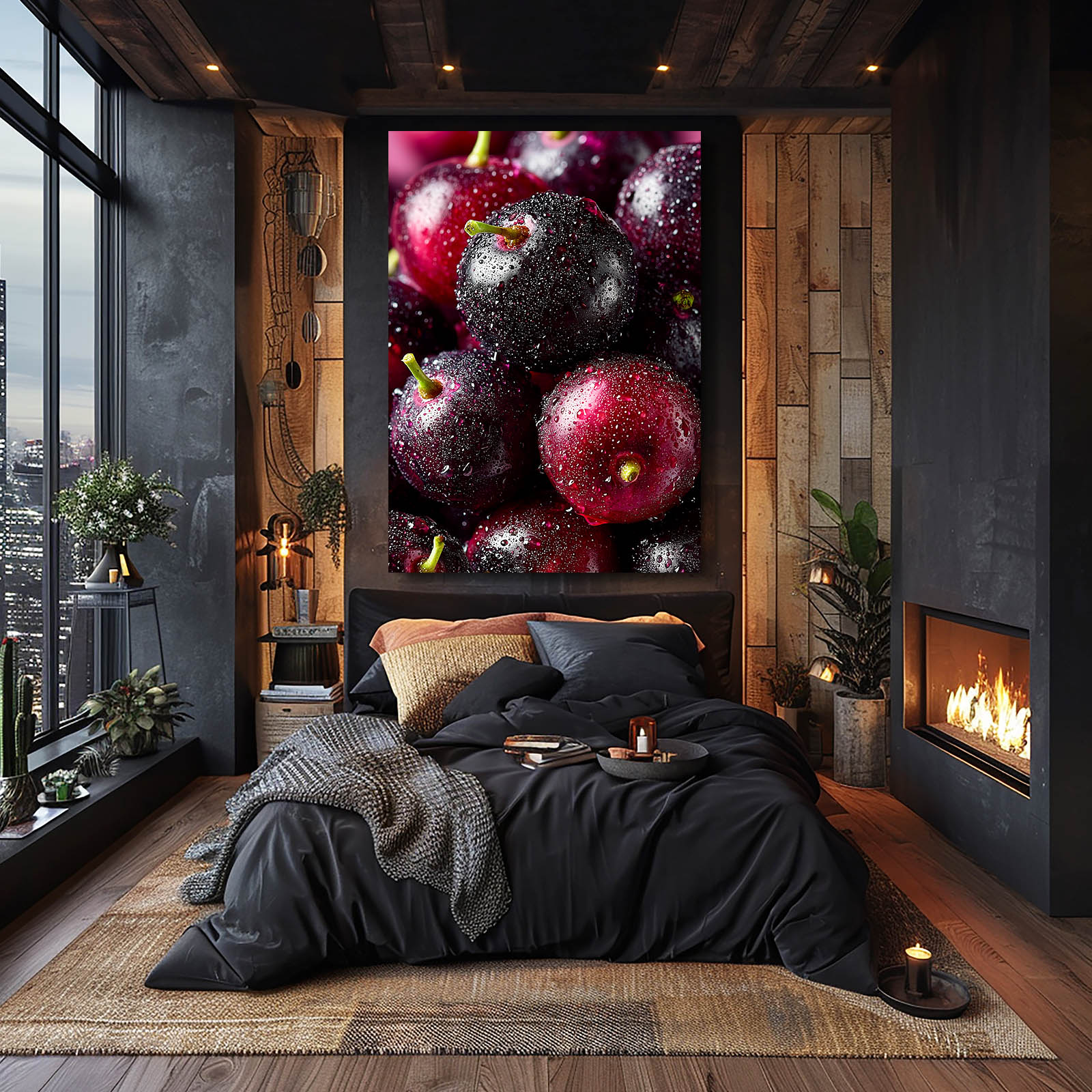 Dewy Dark Cherries Fruit Wall Decor – styled in a furnished interior