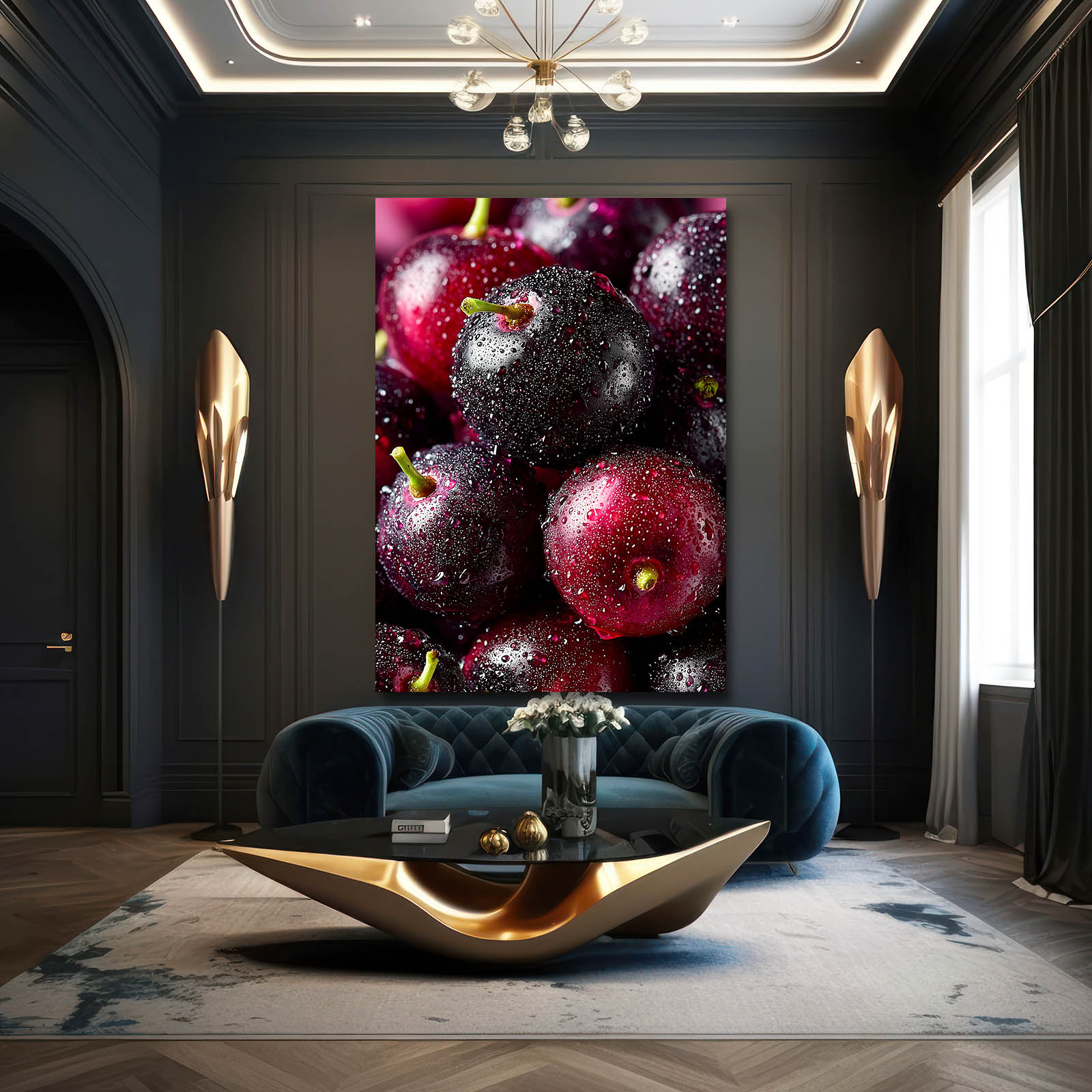 Dewy Dark Cherries Fruit Wall Decor – styled in a furnished interior