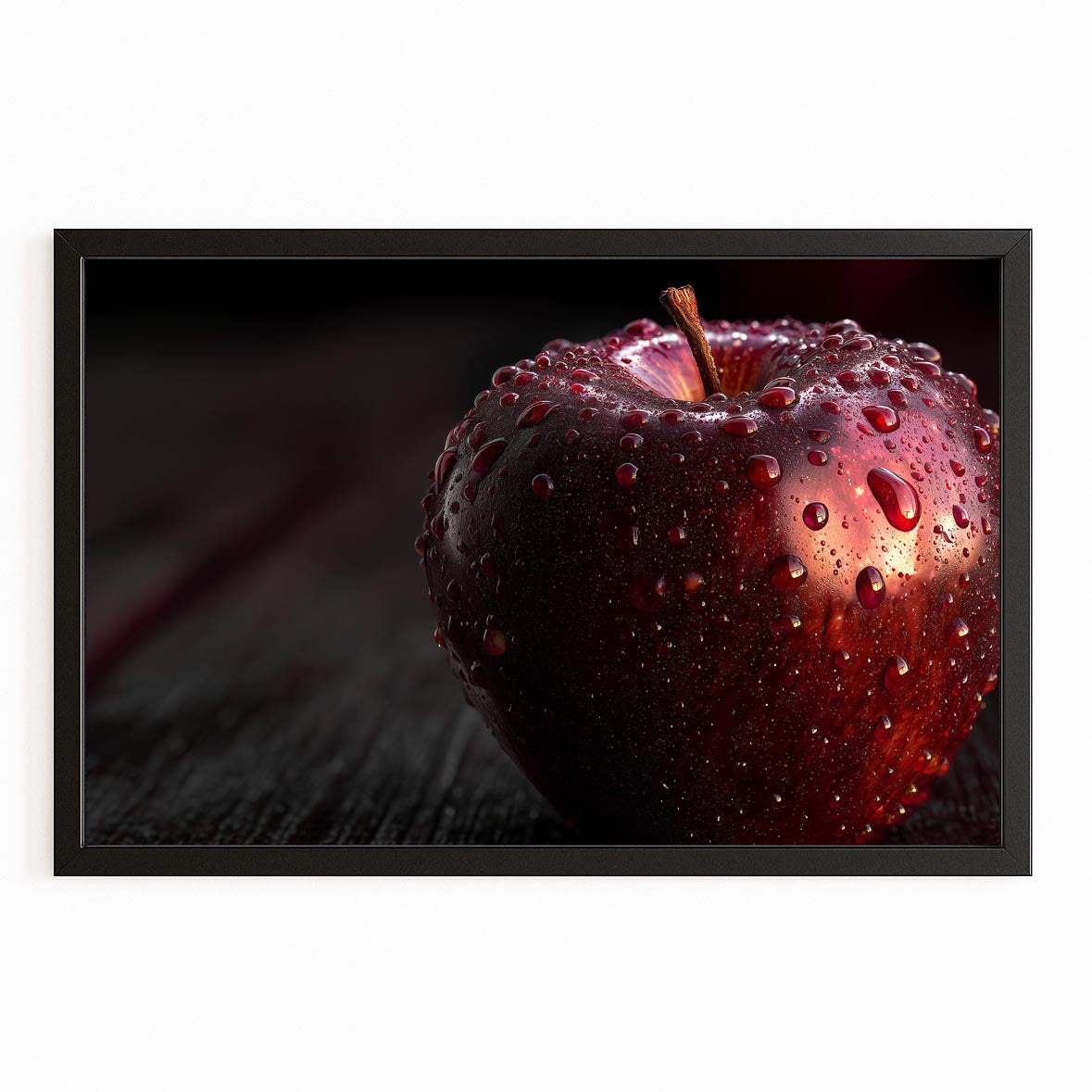 Dewy On Wood Apple Wall Decor – with Premium Black frame on white background