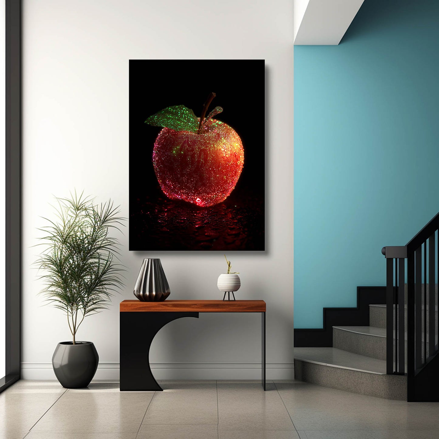 Dewy Red Leaf Apple Canvas – styled in a furnished interior