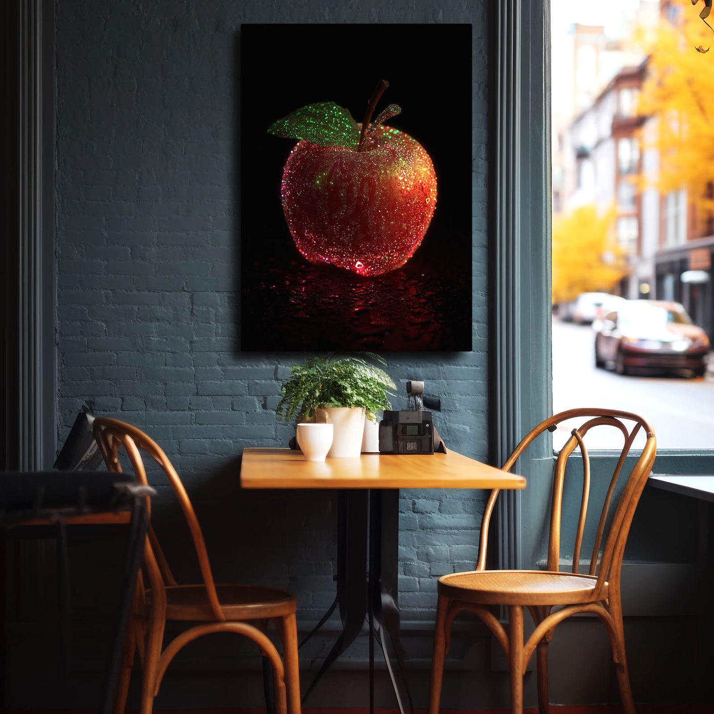 Dewy Red Leaf Apple Canvas – styled in a furnished interior