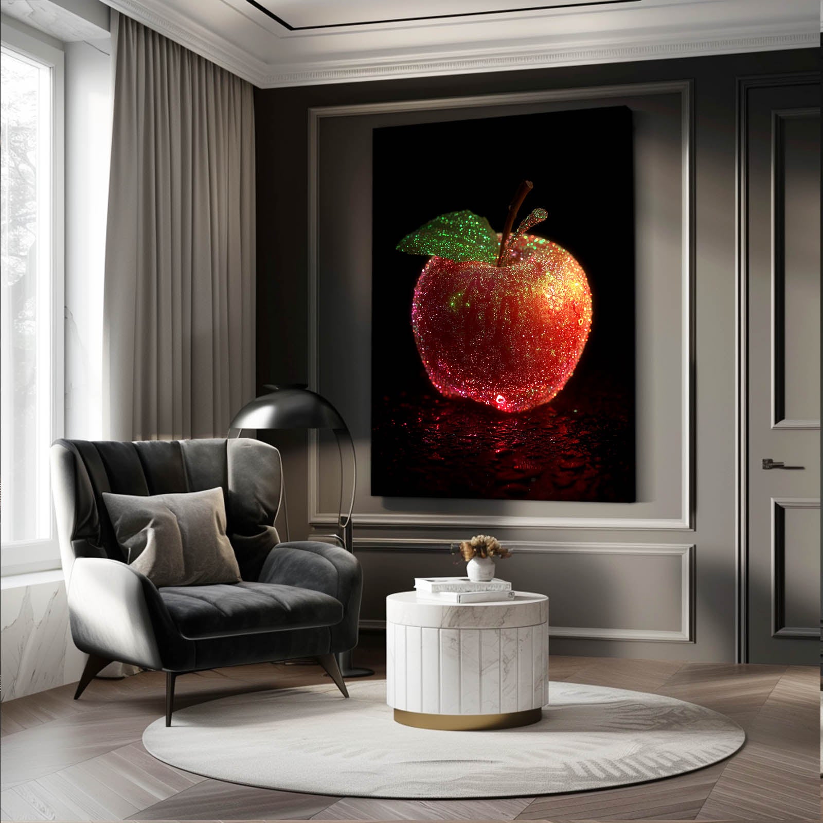 Dewy Red Leaf Apple Canvas – styled in a furnished interior