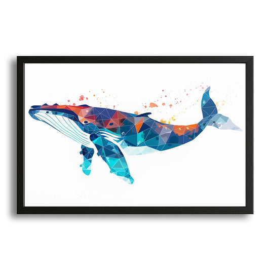 Digital Geometric Whale Art — geometric canvas print in white tones, with Premium Black frame on white background