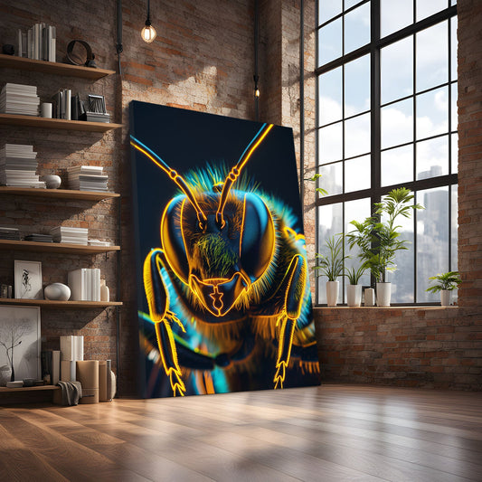 Digital Glow Bee Art — 3d canvas print in blue tones, view 3