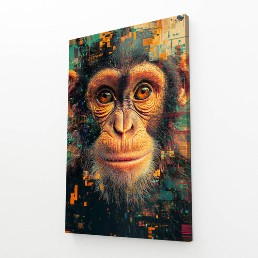 Digital Mosaic Squares Monkey Canvas – angled canvas view on white background