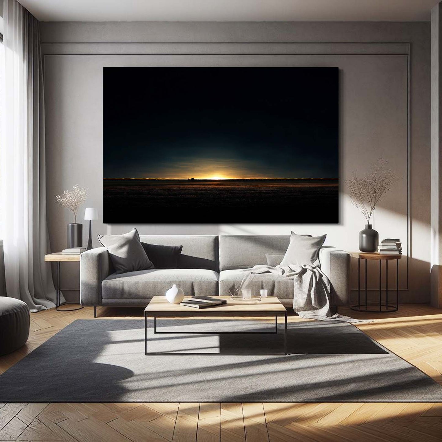 Distant Gold Horizon Art – styled in a furnished interior