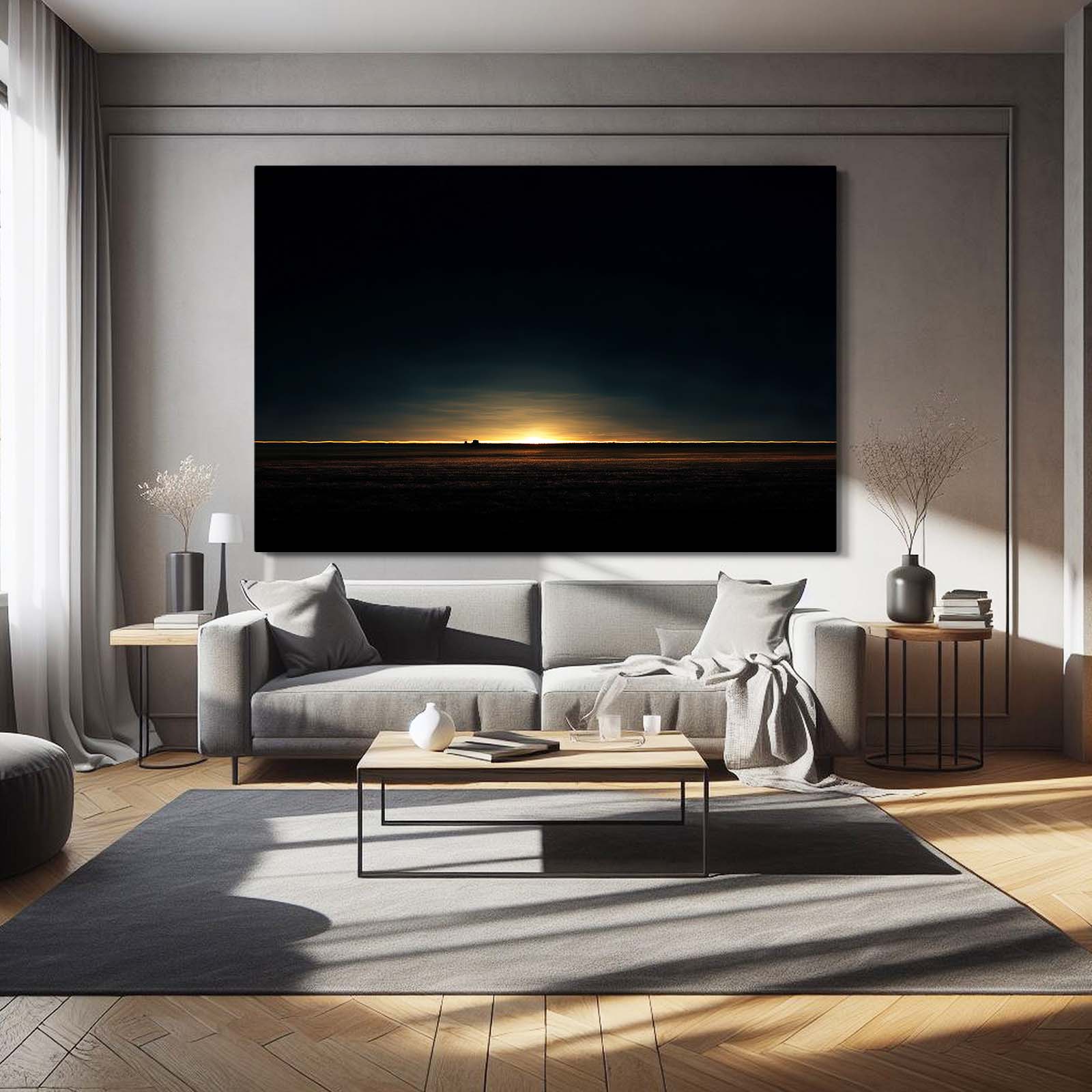 Distant Gold Horizon Art – styled in a furnished interior