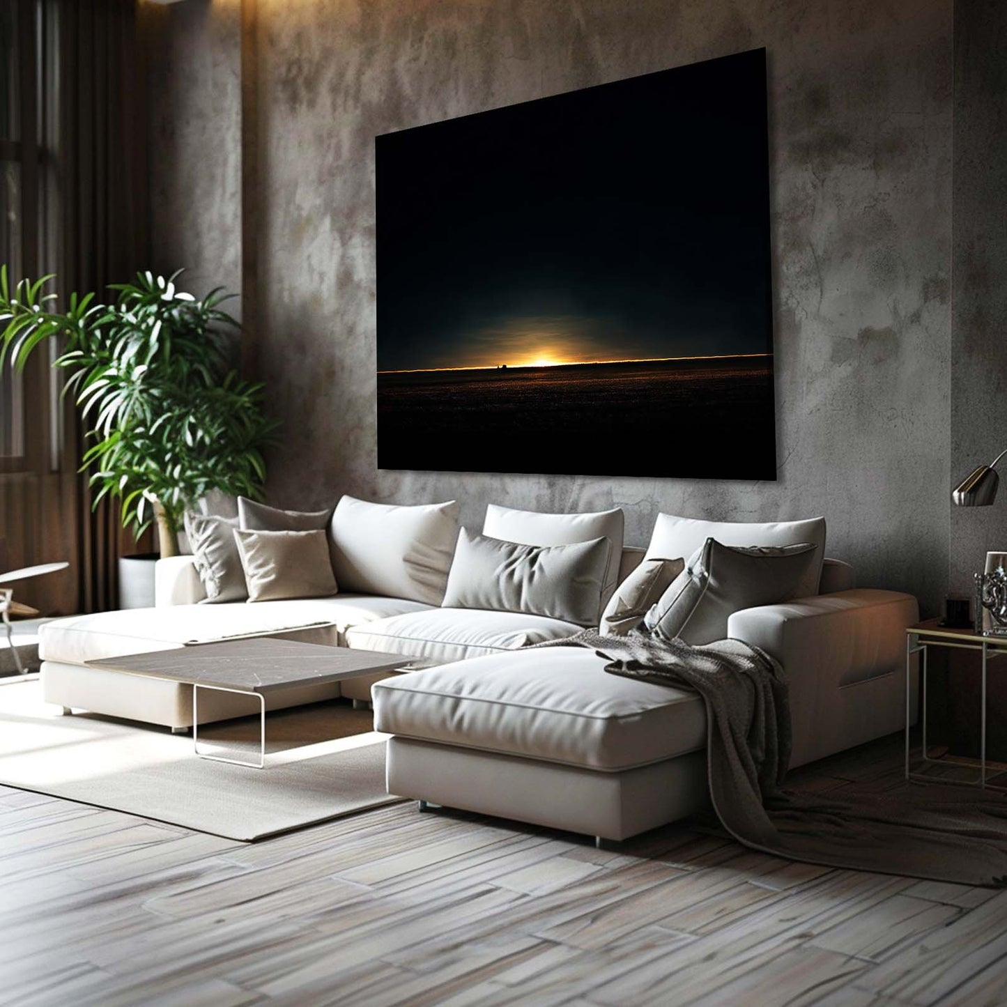 Distant Gold Horizon Art – styled in a furnished interior