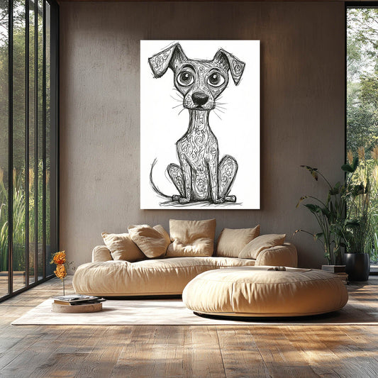 Dog Art Drawing — black and white canvas print in white tones, view 3