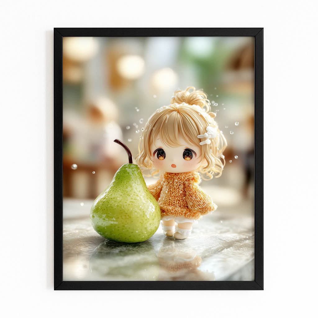 Doll And Pear Fruit Canvas – with Premium Black frame on white background