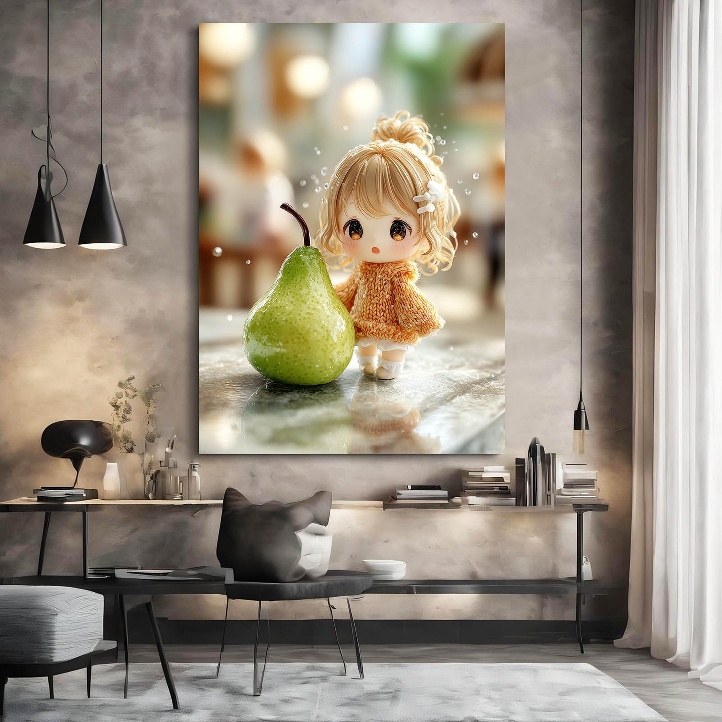 Doll And Pear Fruit Canvas – styled in a furnished interior
