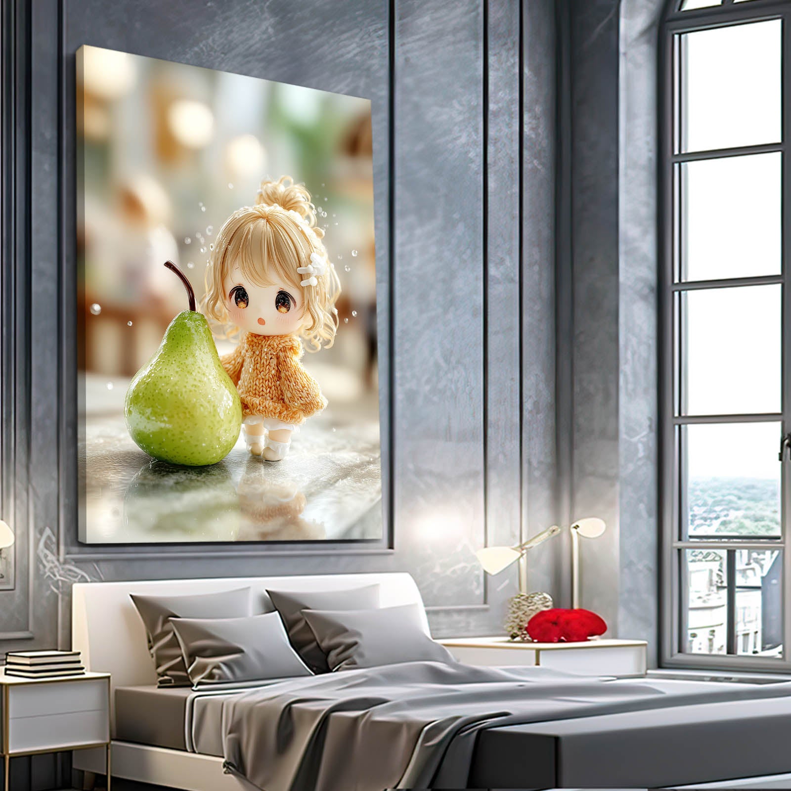 Doll And Pear Fruit Canvas – styled in a furnished interior