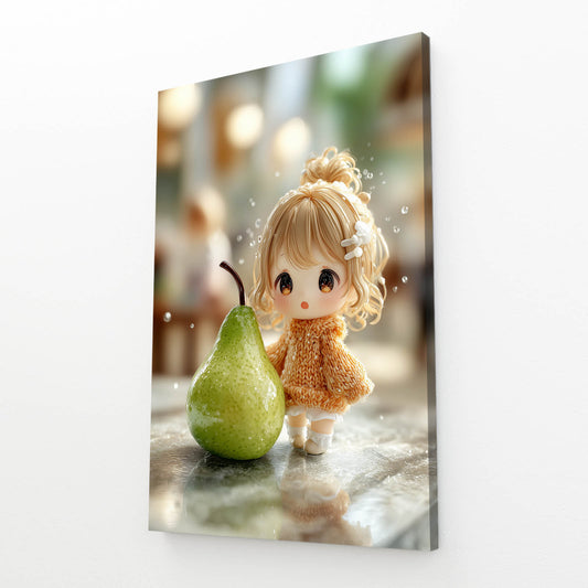 Doll And Pear Fruit Canvas – angled canvas view on white background