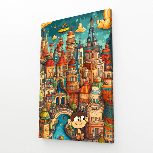 Doodle City Adventure Monkey Canvas – angled canvas view on white background