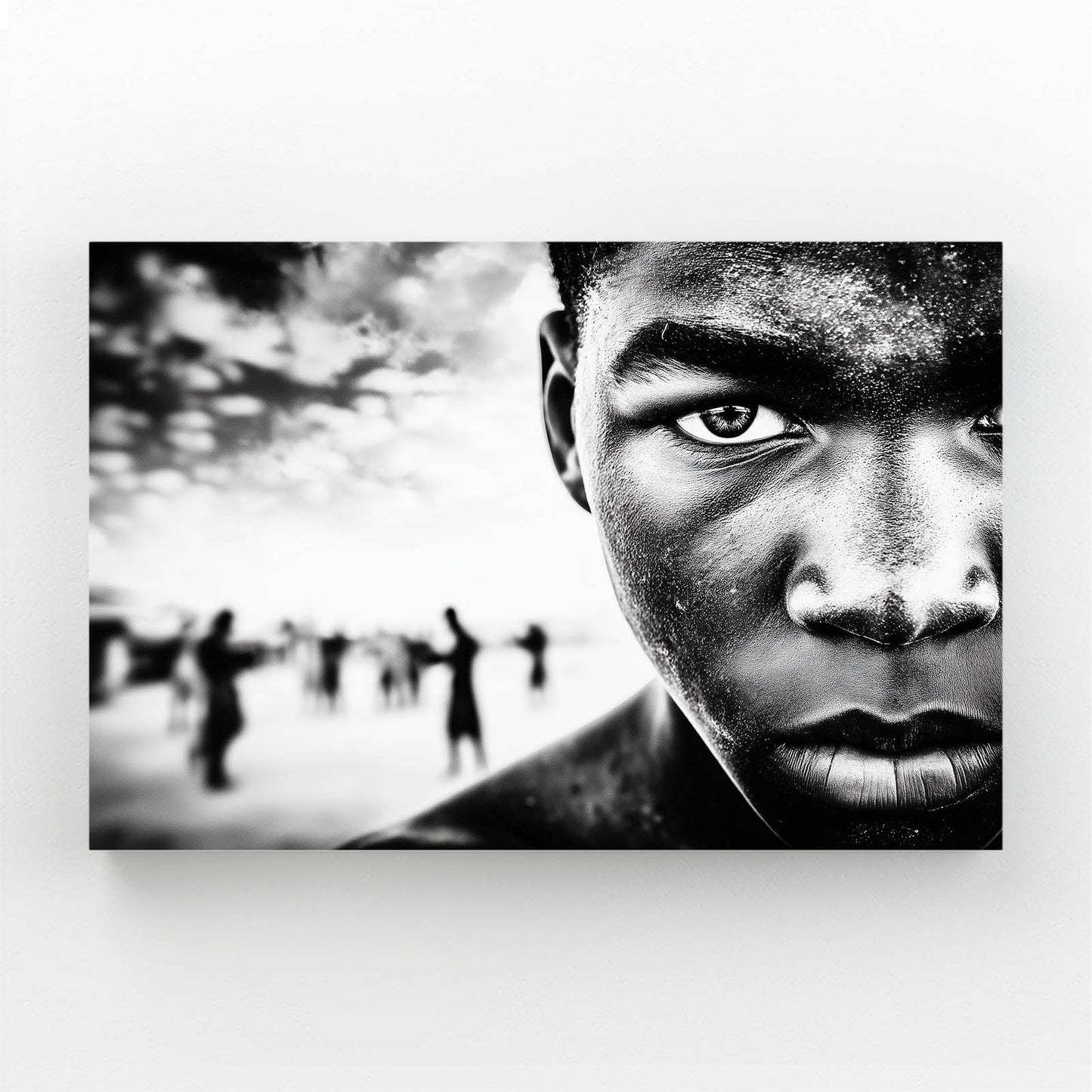 Double Exposure Photography Print – black and white double exposure portrait with city crowd