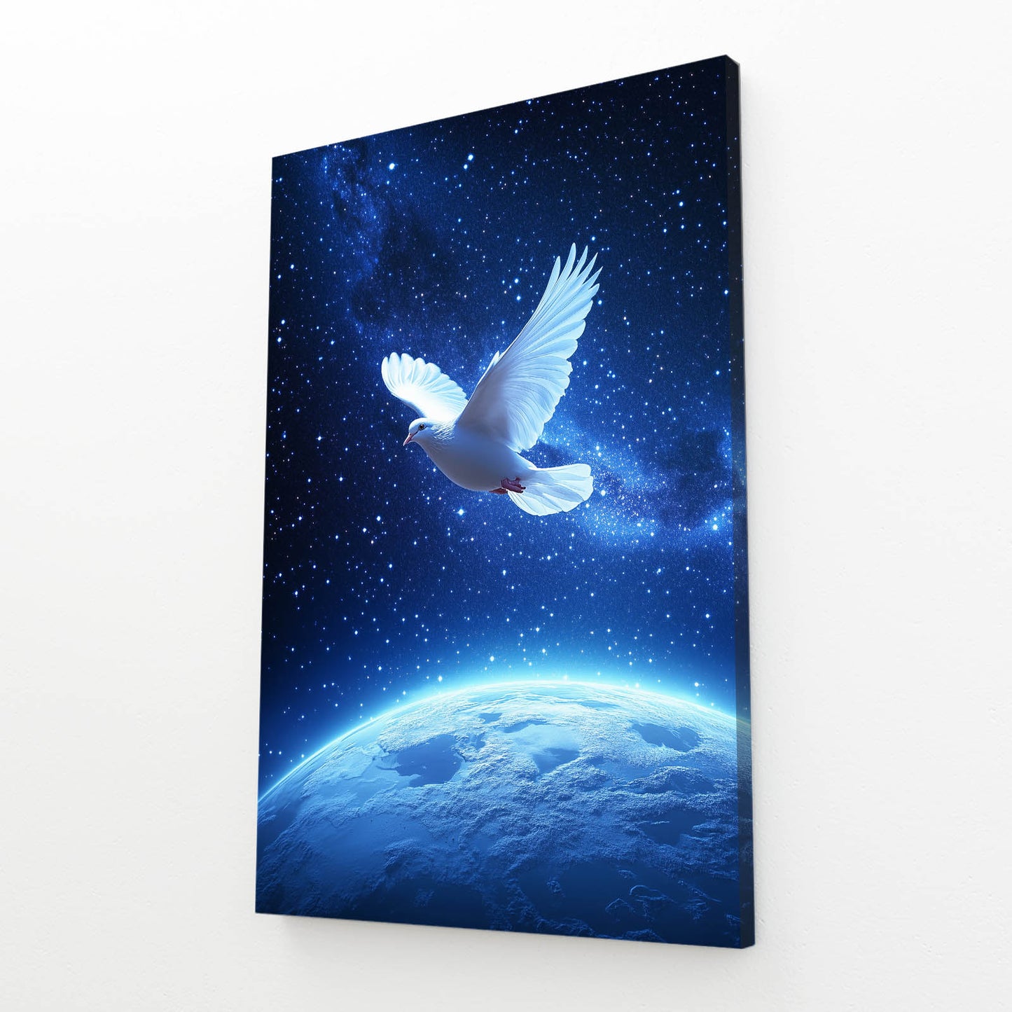 Dove Above Earth Peace Wall Decor – angled canvas view on white background