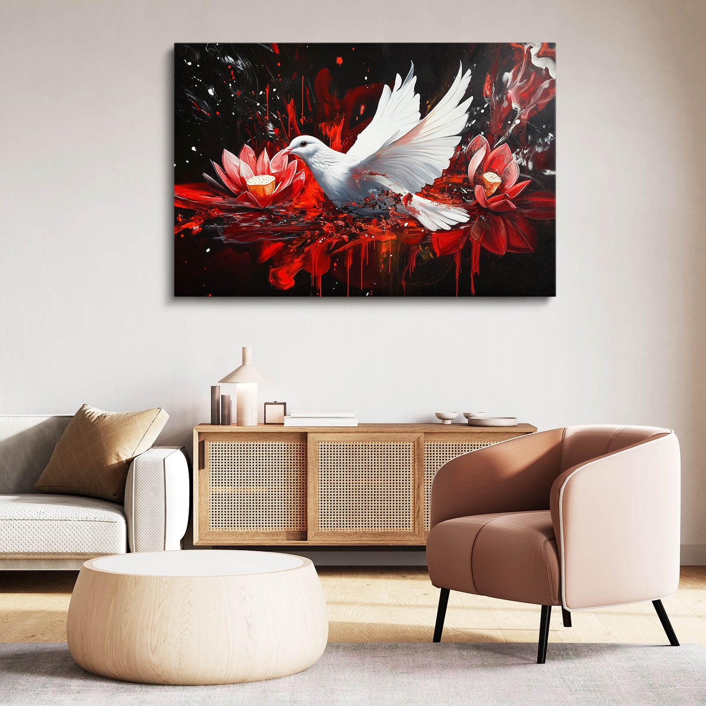 Dove And Red Lotus Peace Wall Art – styled in a furnished interior