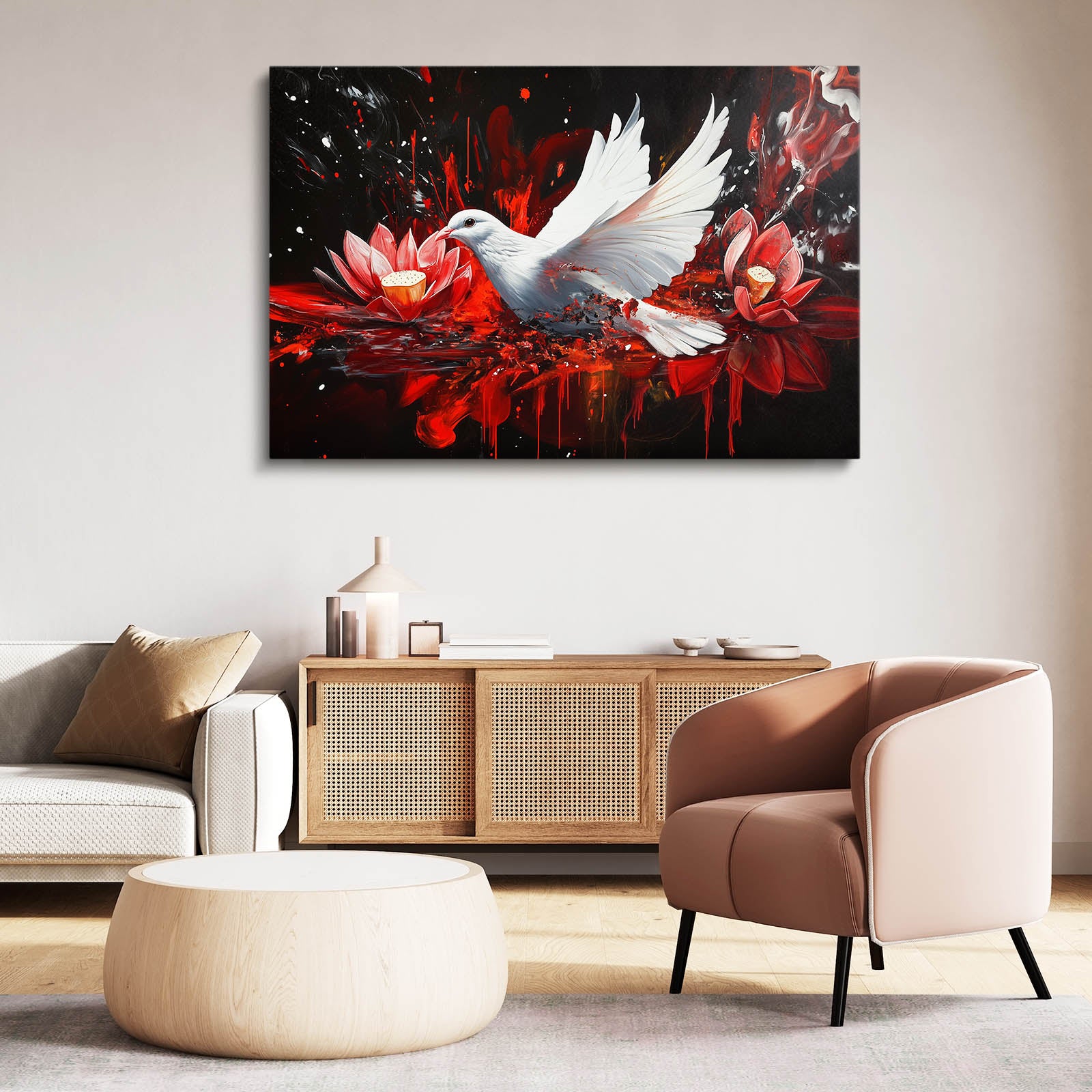 Dove And Red Lotus Peace Wall Art – styled in a furnished interior
