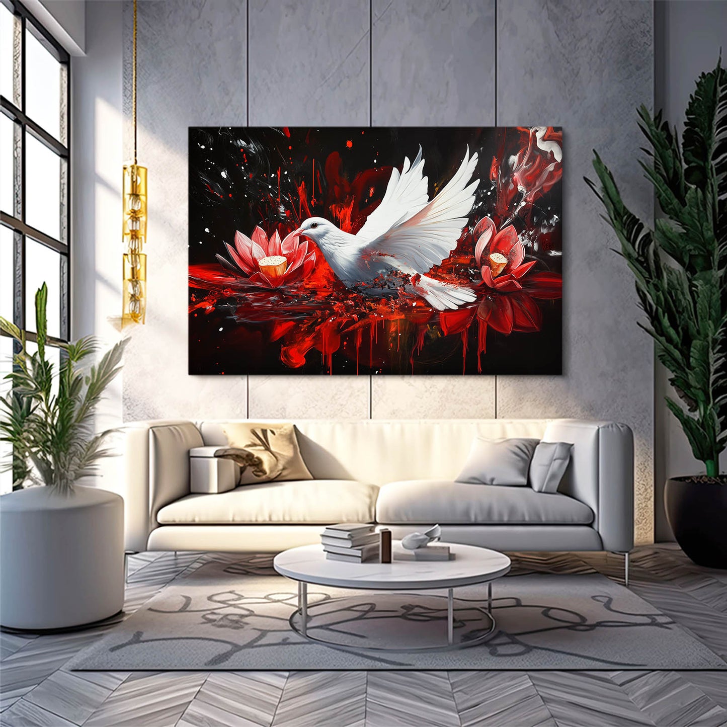 Dove And Red Lotus Peace Wall Art – styled in a furnished interior