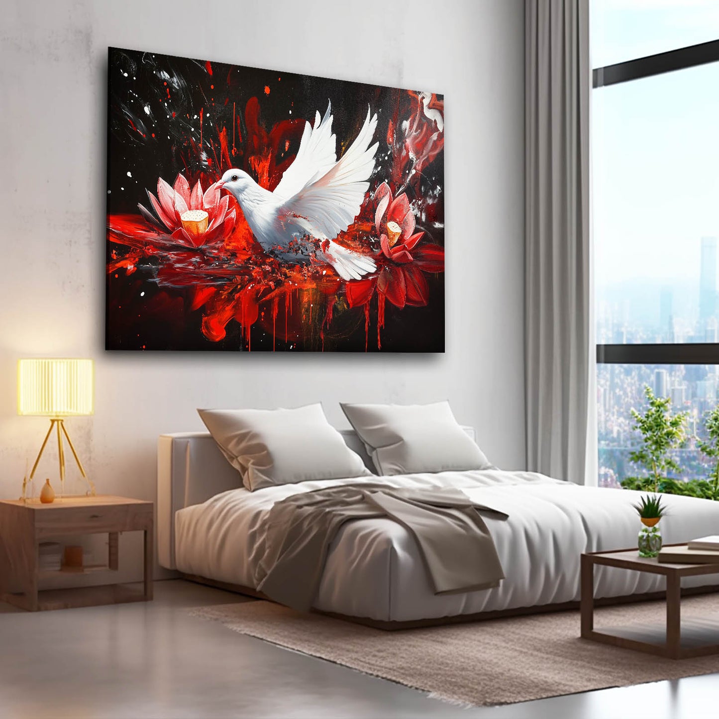 Dove And Red Lotus Peace Wall Art – styled in a furnished interior